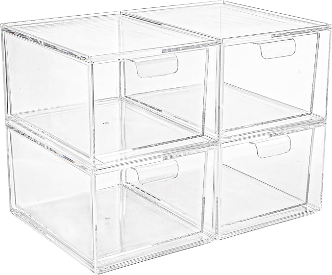 Foraineam 4 Pack Stackable Storage Containers Makeup Organizer Drawers, Acrylic Storage Bins with Pull-Out Drawers, Clear Plastic Cosmetic Display Case For Vanity, Cupboard, Pantry, Kitchen Cabinet