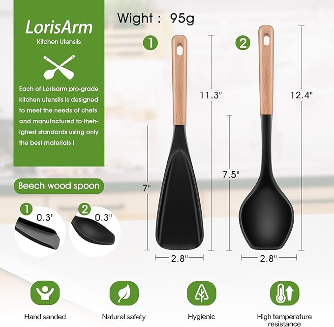 LorisArm Large Cooking Spoons. 12.5" Heat Resistant Silicone Serving Spoon, Nonstick Kitchen Utensils Wooden Handle Rubber Spoon for Mixing, Stiring,Baking,Scooping and Scraping.