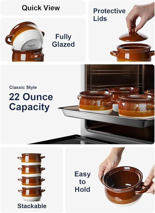 LE TAUCI French Onion Soup Bowls with Lid, 22 Oz French Onion Soup Crocks Oven Safe Ceramic Soup Bowls with Handles for Soup, Chili, Beef Stew, Cereal, Pot Pies, Set of 4