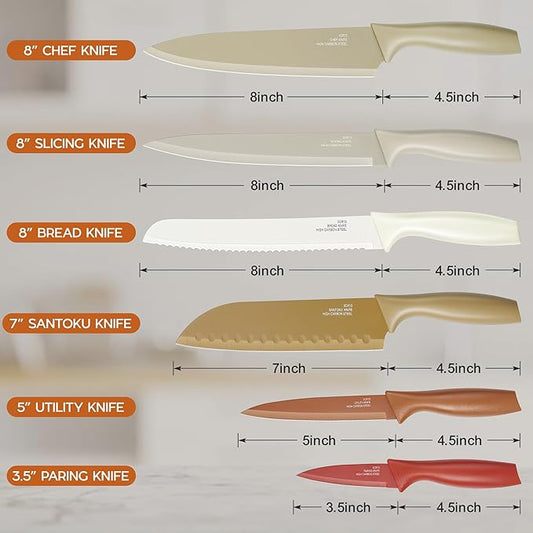 E-far 12-Piece Kitchen Knife Set, Stainless Steel Chef Knives Set with 6 Blade Guards, Sharp Kitchen Cooking Knife with Ergonomic Handle, Anti-Rust & Easy to Clean (Multicolor)