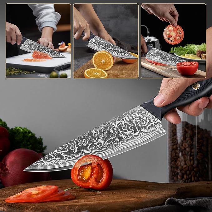 MOSFiATA Damascus Chef Knife 8 Inch, Professional Ultra Sharp Chef's Knives with 67-Layer High Carbon Damascus Steel VG-10 Blade and Ergonomic G10 Handle Kitchen Cooking Knife Gift Box