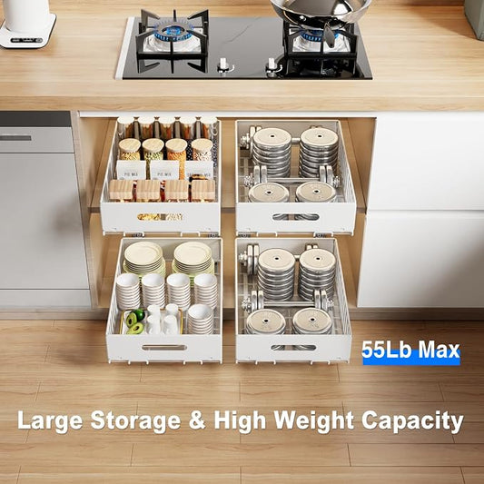 MUSTORN 2 Pack Pull Out Cabinet Organizer, Slide Out Cabinet Drawers Peel and Stick Pull Out Drawers Heavy Duty Pull Out Shelf for Kitchen, Cupboard, Pantry, Bathroom (16.5" D*11.8" W*3.94" H-White)