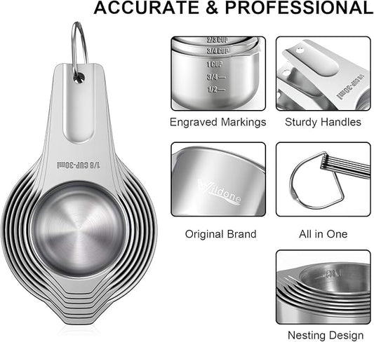 Measuring Cups and Magnetic Measuring Spoons Set, Wildone Stainless Steel 7 Measuring Cups, 8 Double Sided Stackable Magnetic Measuring Spoons, 1 Leveler & 5 Mini Spoons - 21 Piece