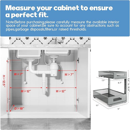 2 Pack 17IN Depth Under Sink Storage Organizer, Large 2-Tier Elegant Mesh Pull Out Shelf for Kitchen and Bathroom Cabinet Organization, L-Shaped and Adjustable Height Design-Gun Gray