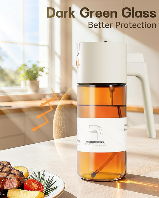 OURCABECUE Upgrade 2 in 1 Oil Sprayer for Cooking, 17oz Light-Blocking Glass Olive Oil Dispenser Bottle for Kitchen,Food-Grade Oil Mister with 8 Stickers for Salad, Frying (Brown Bottle-White Cap)