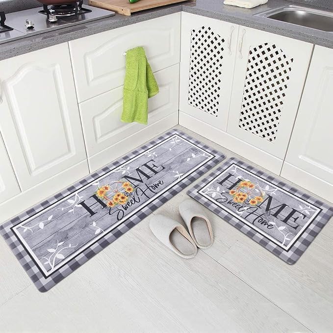 Carvapet Kitchen Floor Mats 2Pcs, Anti Fatigue Kitchen Rugs and Mats Farmhouse Plaid Home Non-Skid Cushioned Floor Comfort Mat for Kitchen, Doorway, Sink, Laundry, 17"x27"+17"x47"