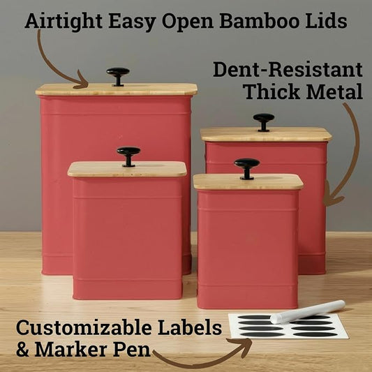 Kitchen Canisters for Countertop Set of 4 with Customizable Chalkboard Labels & Marker Pen - Big Iron Kitchen Canister Set with Airtight Lids - Red Canisters - Sugar Tea Coffee Containers Sets