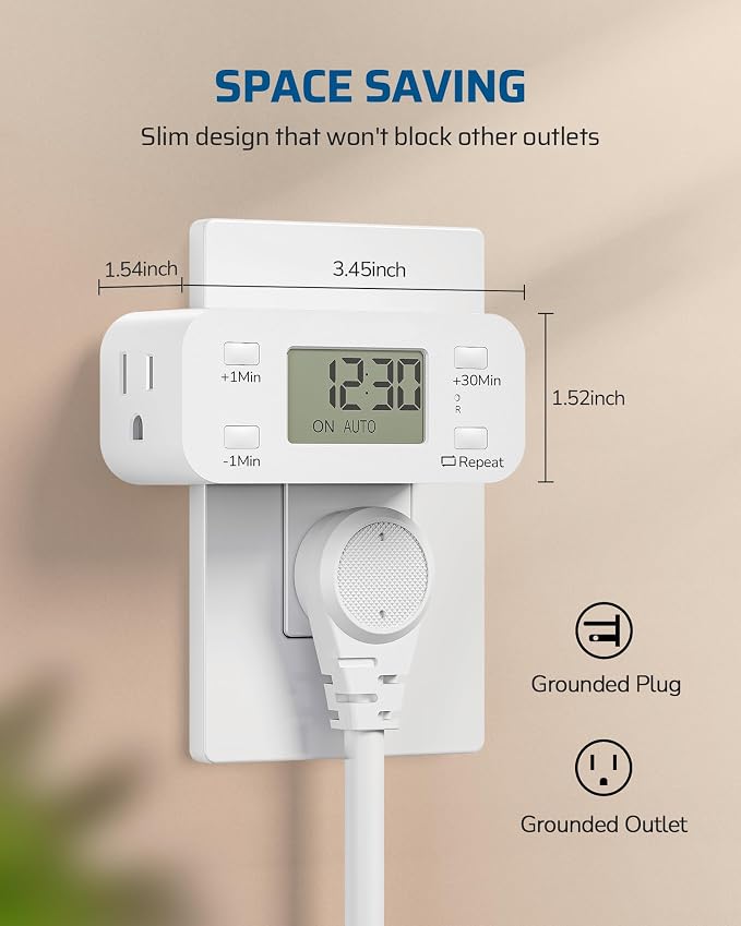 DEWENWILS Indoor Countdown Timer Outlet, Digital Timers for Electrical Outlets Indoor with Repeat, Auto Shut Off for Fan, Lights, Charger, Curling Iron, Hair Straightener, 15A/1000W, 1/2 HP, 2 Pack
