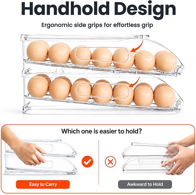 SMRCAD Egg Holder for Fridge, Automatic Steady Rolling Egg Dispenser with Silicone Bumpers & Handle for Refrigerator, Large Capacity Egg Organizer with Lid