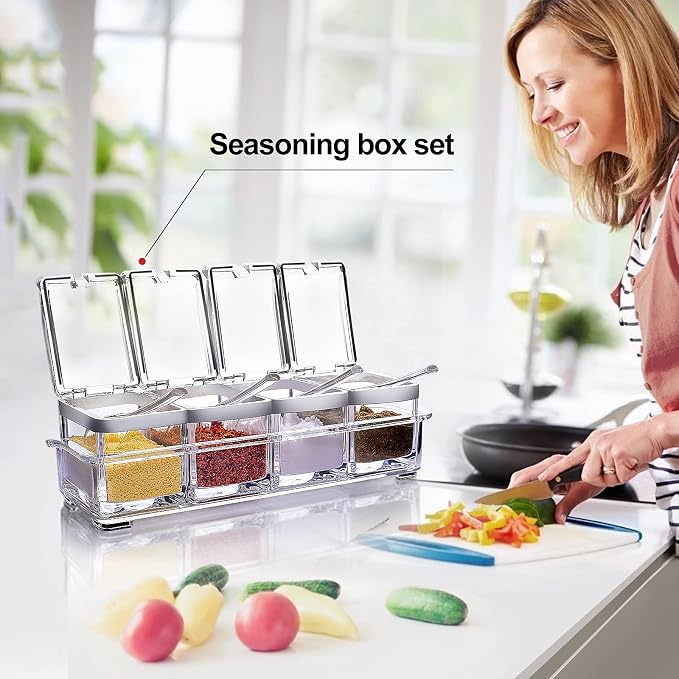 Acrylic Seasoning Box Set, 4 Piece Clear Premium Quality Storage Rack Spice Pots Condiment Jars for Salt Sugar Cruet Kitchen Organization Containers with Cover and Spoon