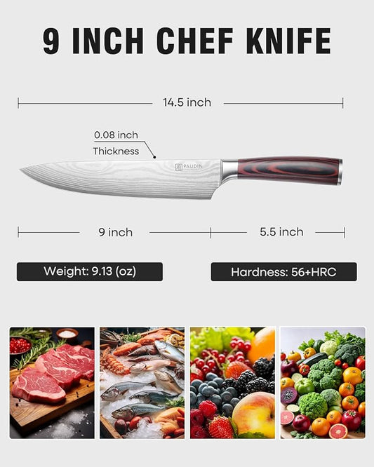PAUDIN Chef Knife, 9 Inch High Carbon Stainless Steel Sharp Kitchen Knife for Vegetables and Meat, with Sheath, Ergonomic Handle, Gift Box