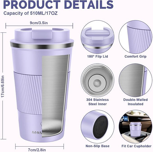 MOMSIV 17oz Travel Mug, Insulated Coffee Cup with Leakproof Lid, Travel Coffee Mug Vacuum Stainless Steel Double Walled Reusable Coffee Cup for Hot and Cold Water Coffee