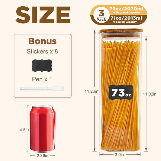 SHOWIN Glass Pasta Storage Jars Square 73oz, 3 Pack Glass Jars With Bamboo Lids, Tall Kitchen Storage Containers For Pasta, Storage For Pantry Organizers