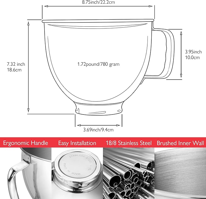 Stainless Steel Bowl for KitchenAid Classic&Artisan Series 4.5-5 QT Tilt-Head Mixer, 5 Quart 304 Stainless Steel Bowl with Handle, Dishwasher Safe