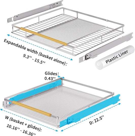 Expandable Pull Out Drawer Cabinet Organizer, Adjustable Width Bottom-Mounted Slide Out Storage Shelves for Cabinets, Required Cabinet Size (W: 10.16"~16.36", D≥22.5"), 1 Pack