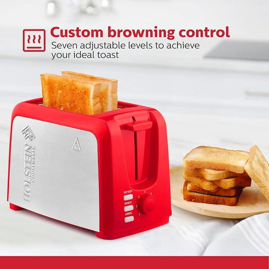 Holstein Housewares 2-Slice Toaster with 7 Browning Settings, Extra-Wide Slots, Reheat, Defrost, Cancel, High-Lift Release, Removable Crumb Tray โ Compact Stainless Steel, Red