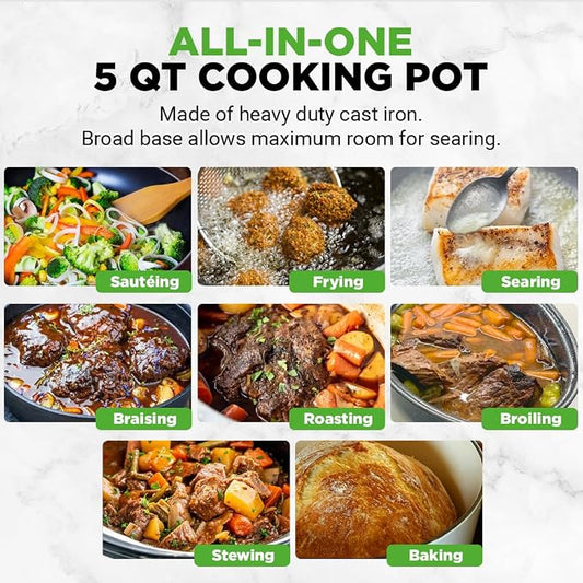 NutriChef Enameled Cast Iron Dutch Oven – 5 QT Pot with Lid, Cooking Pot with Moisture-Sealing Lid for Bread Baking, Stews, Braising, Roasting, Marinating & Slow Cooking – Oven Safe Up to 500°F