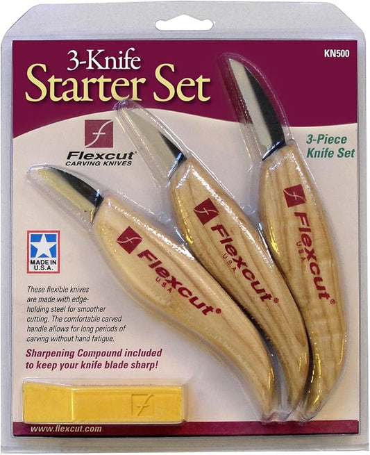 Flexcut Wood Carving Knives | Starter Set of 3 Woodcarving Knives | 1095 High Carbon Steel Blades | Ergonomic Ash Wood Handles for Beginners and Hobbyists | KN500 | Made in the U.S.A