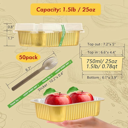 LNYZQUS 50 Pack 1.5lb Small Foil Pans with Lids, 7” x 5” Individual Baking Tins Leftover Containers,24oz Aluminum To Go Baked Food Containers Large Loaf Cake Pans Take Out Holders-Gold