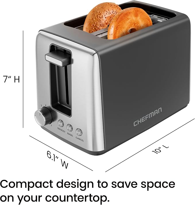 Chefman 2 Slice Toaster, 7 Shade Settings, Removable Crumb Tray, Thick Bread and Bagel Toaster with Defrost and Cancel Buttons – Black