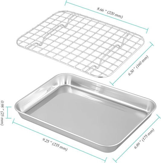 Set of 4 Baking Sheets with Rack, Stainless Steel Small Baking Tray, Oven Tray and Grid Rack for Baking Roasting, 9.4 x 7 x 1 inch