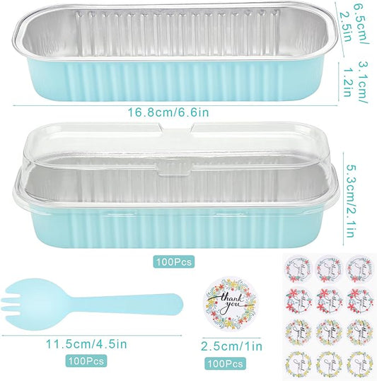 100Pack Mini Cake Pans Disposable Mini Loaf Pans with Lids and Spoons and Stickers, 6.8Oz Aluminum Foil Pans Tins, Individual Dessert Cups Containers for Sales,Party,Picnics Sky Blue