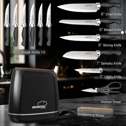 Knife Set, Amorston 14-Piece Kitchen Knives Set with Block & Sharpening Stone, Stainless Steel Dishwasher Safe, Knife Block Set with Ergonomic Handle, Professional Kitchen Knives for Home Cooking