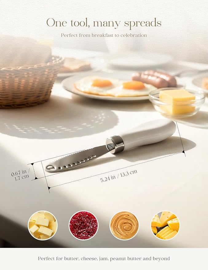 AISBUGUR 2 Pack Stainless Steel Butter Spreader Knife with Holes Multifunction Butter Knife with White Porcelain Handle, Cheese Butter Spreader Knives for Kitchen