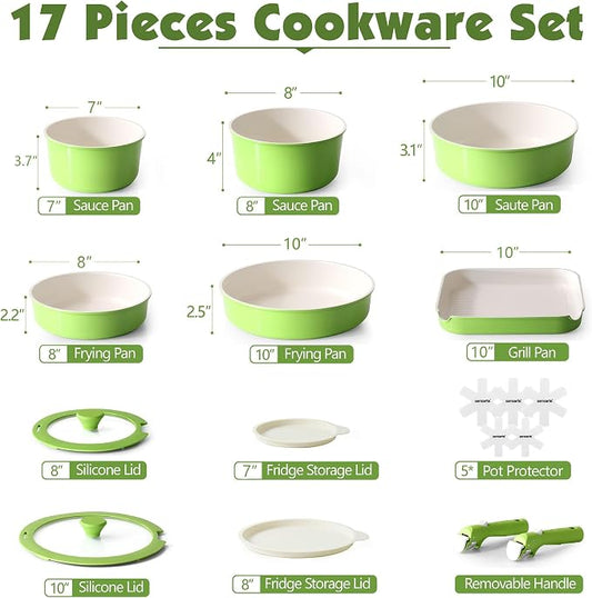 SENSARTE 17 Piece Ceramic Pots and Pans Set, Nonstick Detachable Handle Cookware, Induction Kitchen Cookware Set with Removable Handle, Dishwasher & Oven Safe (Green)