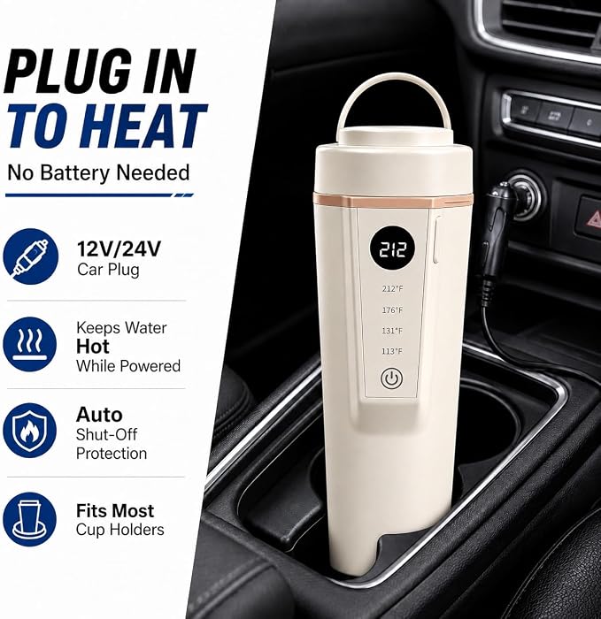 Car Electric Kettle 12V/24V Dual Voltage, Portable Travel Electric Kettle for Road Trips, Mini Small Water Boiler with 4 Temp Control, 316 Stainless Steel,16oz(Beige)