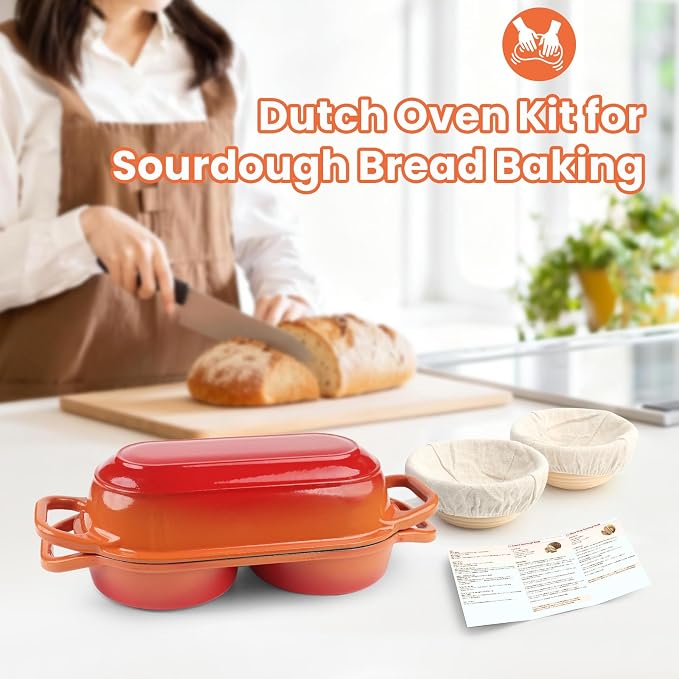 YONILL Mini Double Dutch Oven for Sourdough Bread Baking - Enameled Cast Iron Dutch Oven Pot with Lid and 5" Banneton Bread Proofing Basket Kit, Dual Round Bread Loaf Pan for Homemade Baking