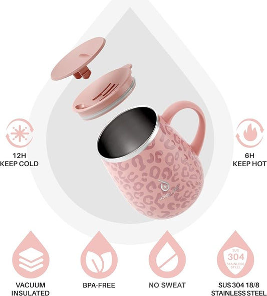 Ideus 16 oz (470 ml) Insulated Coffee Mug with Handle and Lid, Double Wall Stainless Steel Vacuum Thermal Coffee Mug, Travel Coffee Cup Thermal Cup for Home and Office, Leopard Pink
