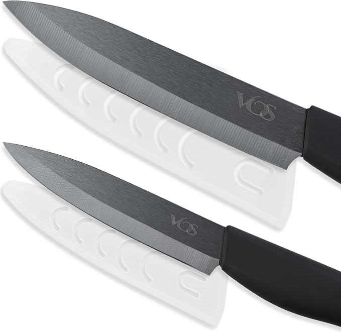 Vos ceramic knives set for kitchen in gift box, set of 2 ceramic knife with cover, 5.5" santoku & 4.5" utility for home cooks, Ultra Sharp, lightweight, rust-free, dishwasher safe (Black handle)