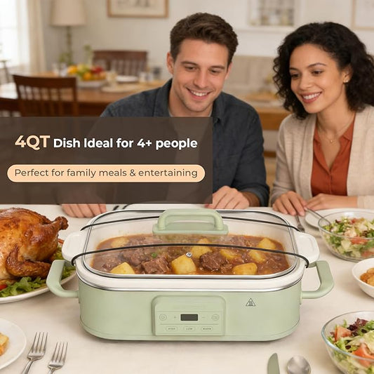 4 Quart Casserole Programmable Slow Cooker with Ceramic Baking Dish - Perfect Kitchen Small Appliance for Family Dinners, Oven Safe and Durable Bakeware for Lasagna, Roasts, Sage