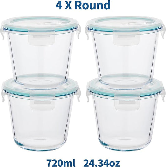 8 PCS Glass Meal Prep Containers with Lids, Airtight 3 Cup Glass Storage Containers Set, Round Deep Soup Containers with Lids for Leftover, Microwave, Dishwasher, and Freezer Safe(4 Sets)