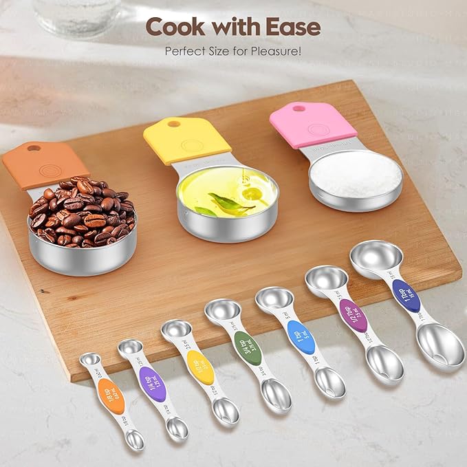 Magnetic Measuring Cups and Spoons Set – 304 Stainless Steel | Dual-sided Design | 15-Piece with Leveler | N52 Space-Saving Magnetic Nesting | Baking & Meal Prep | Kitchen Gift (Colorful)