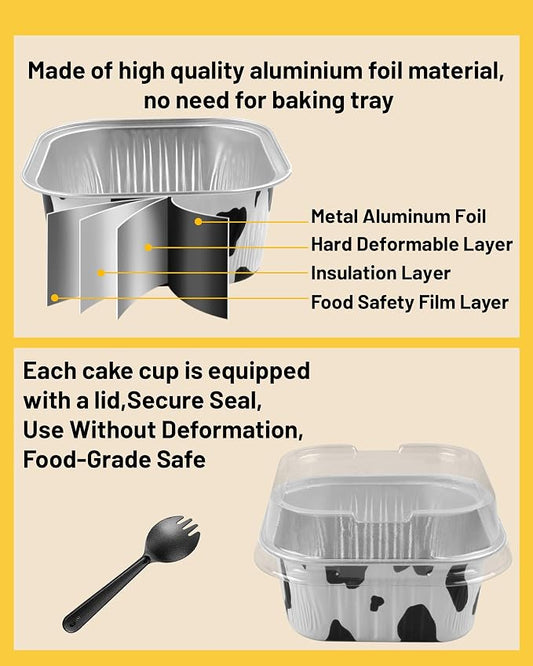 50 Pack 5oz Square Mini Cake Pans with Lids and Spoons,Aluminum Foil Baking Cups,Disposable Mini Loaf Pans Ramekins for Brownie, Cheesecake, Mousse & Wedding Party Favors-Cowprint