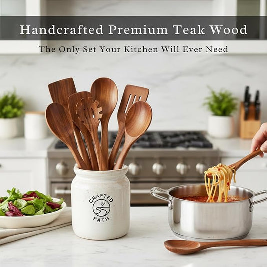 Teak Wooden Utensil Set (9-Piece) – Teak Cooking Utensils for Nonstick Cookware, Teak Wooden Spoons for Cooking & Spatula - Natural Wood Kitchen Utensils by Crafted Path