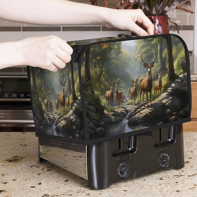 Forest Animal Deer Toaster Cover 4 Slice Wide Slot Washable Kitchen Appliance Covers Fingerprint Bread Machine Dust Cover Small Toaster Oven Accessories Covers Bread Maker Bag Women Gift