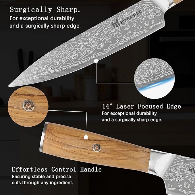 3PCS Chef Knife Set, Sharp High Carbon Stainless Steel Forged Blade Professional Kitchen Knives Set with Ergonomic Olive Wood Handle,Damascus Knives Set for kitchen with Gift Box