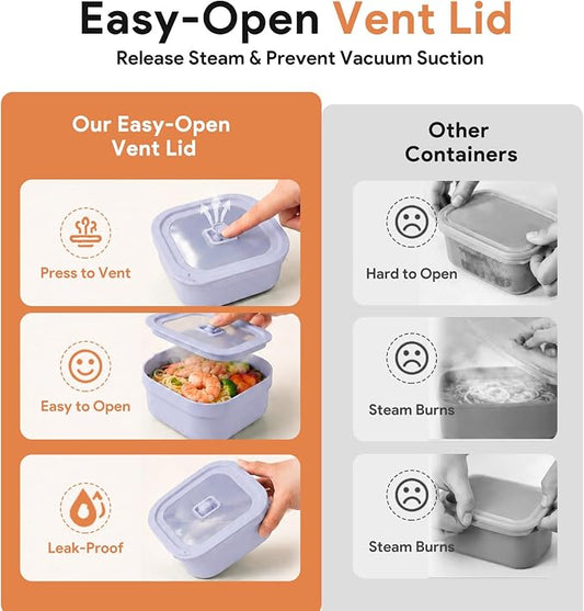 3 Pack Food Storage Containers with Easy-Open Vent Lids, Leak Resistant BPA-Free Meal Prep Containers, Microwave Freezer Dishwasher Safe, Stackable Food Containers,Purple,17oz 34oz 51oz