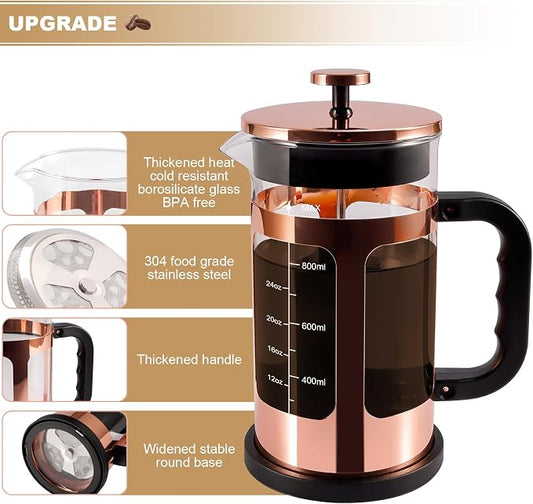 French Press Coffee Tea Maker, Upgrade Heat Cold Resistant Thickened Glass with 4 Level Stainless Steel Filtration System Brew Coffee & Tea, BPA Free, Large 1000ml 34oz, Rose Gold