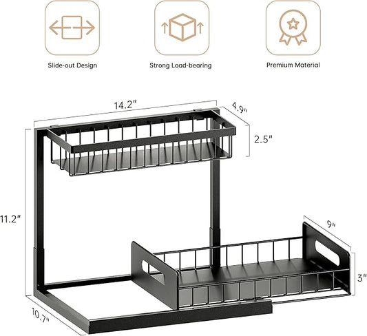 Under Sink Organizer and Storage, Slide Out Cabinet Organizer, Pull Out Sink Shelf for Kitchen Bathroom Laundry, Black, 1 Pack