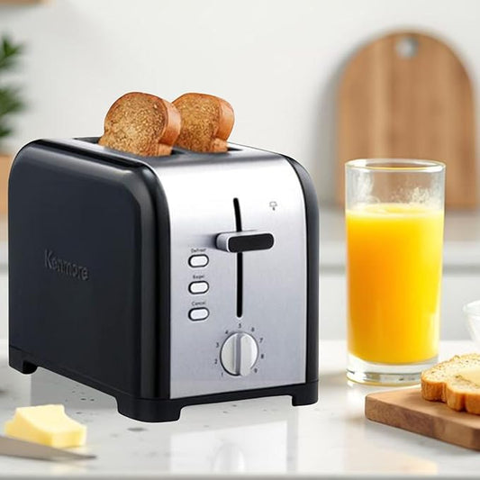 Kenmore 2-Slice Toaster, Black Stainless Steel, Extra Wide Slots, Bagel and Defrost Functions, 9 Browning Levels, Removable Crumb Tray, for Bread, Toast, English Muffin, Toaster Strudel