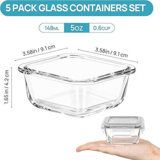 Vtopmart 5Pack 5oz Small Glass Storage Containers with Lids, Glass Meal Prep Food and Sauce Container Sets with Snap Airtight Lid for Microwave, Oven, Freezer and Dishwasher, Grey