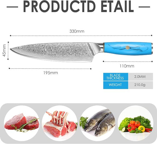 Home Safety Professional Damascus Steel Japanese Chef Knife 8 Inch Kitchen Knife VG-10 Damascus Chef's Knives – Razor Sharp Meat Cleaver with Ergonomic Natural Resin Handle Cooking Knife and Gift Box