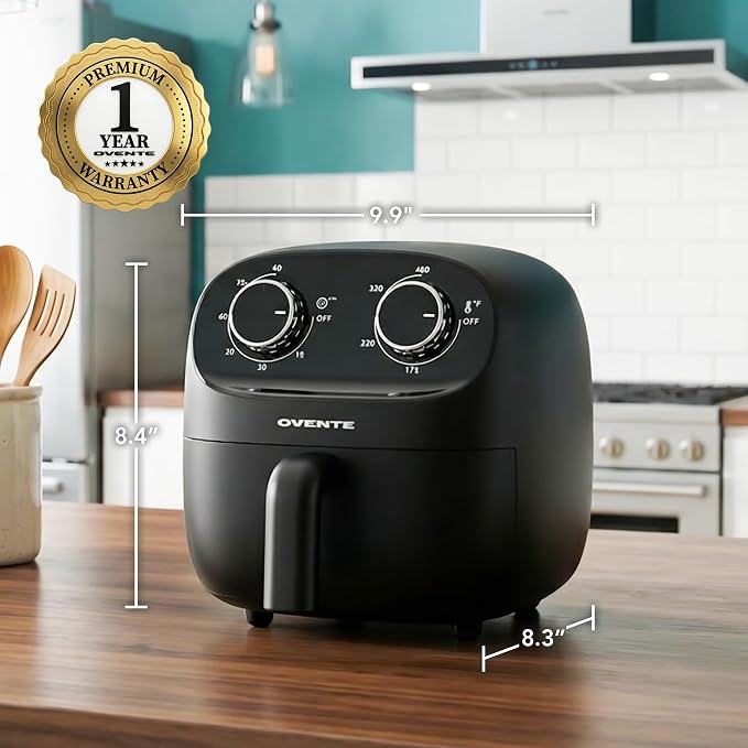 OVENTE 2QT Compact Air Fryer for 1–2 People, 900W Small Oil-Free Fryer with Manual Dual Knobs, Adjustable Temperature, 60 Minute Timer, Auto Shutoff & Dishwasher Safe Nonstick Basket, Black FAM18900B