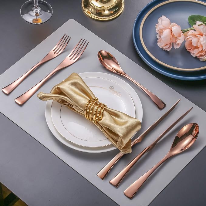 Lemeya 24-Pieces Rose gold Silverware Set with Steak Knives,Heavy Duty 18/10 Stainless Steel Flatware Set for 4,Modern Cutlery,Mirror Polished,Dishwasher Safe