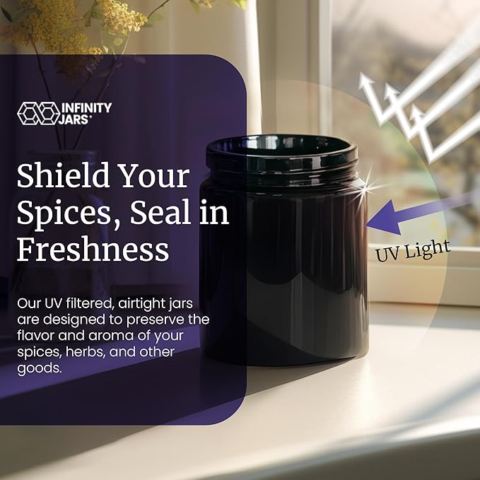Infinity Jars, Premium Airtight Ultraviolet Glass Jar 250 ML (8.3 fl oz) Pack 10 Smell Proof, Antistatic, Light Blocking Container for Herbs, Coffee, Tea & Spices Durable, Travel-Friendly Storage