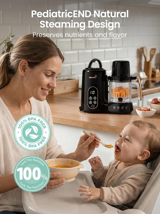 Grownsy Baby Food Maker with Dual-Layer Steam Basket | Baby Food Processor for Starting Solids & Babies 6+ Months | Steamer Blender & Puree Machine for Healthy Baby Food, BPA-Free,Black & Gold
